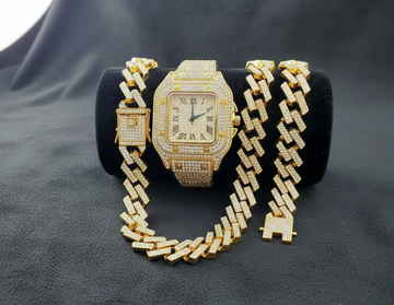 Fully Iced-Out Gold Watch & Cuban Chain Set – Ultimate Drip Edition