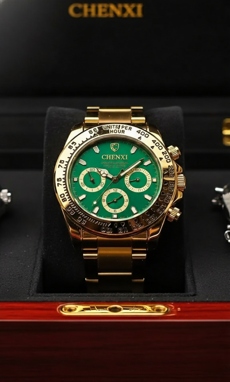 CHENXI Gold Chronograph Watch – Emerald Dial  Luxury Men's Timepiece