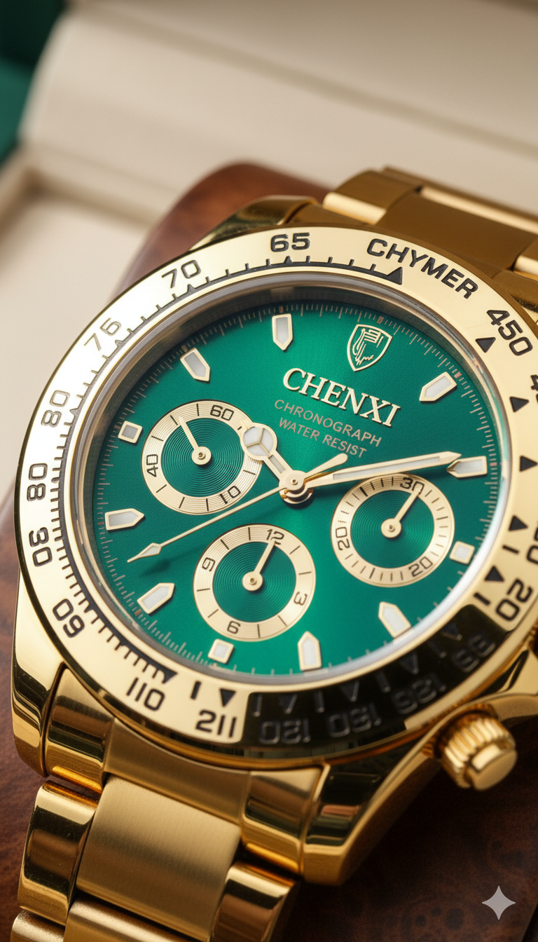 CHENXI Gold Chronograph Watch – Emerald Dial  Luxury Men's Timepiece
