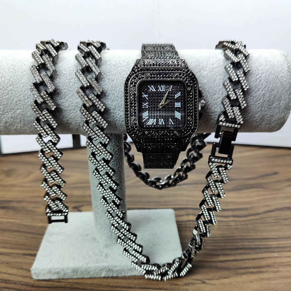 Fully Iced-Out Black Watch & Cuban Chain Set – Ultimate Drip Edition