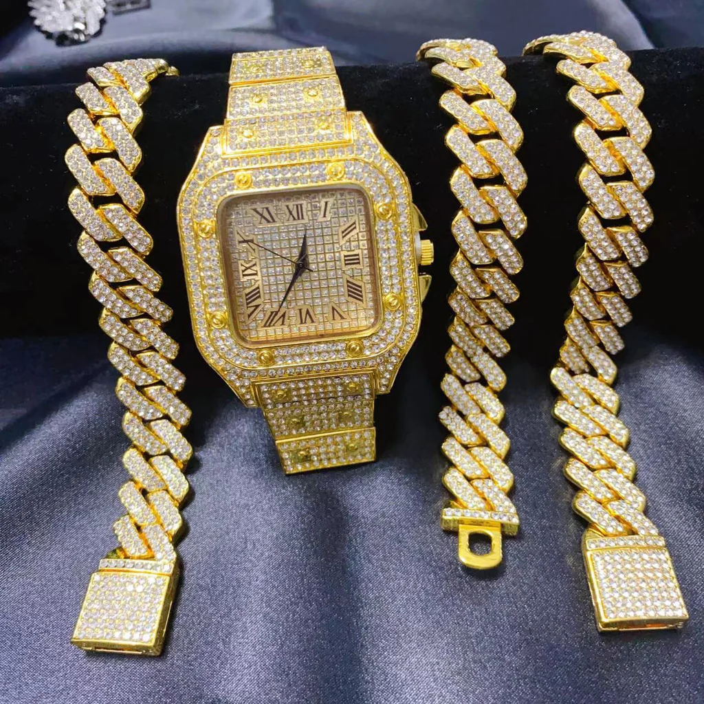 Fully Iced-Out Gold Watch & Cuban Chain Set – Ultimate Drip Edition