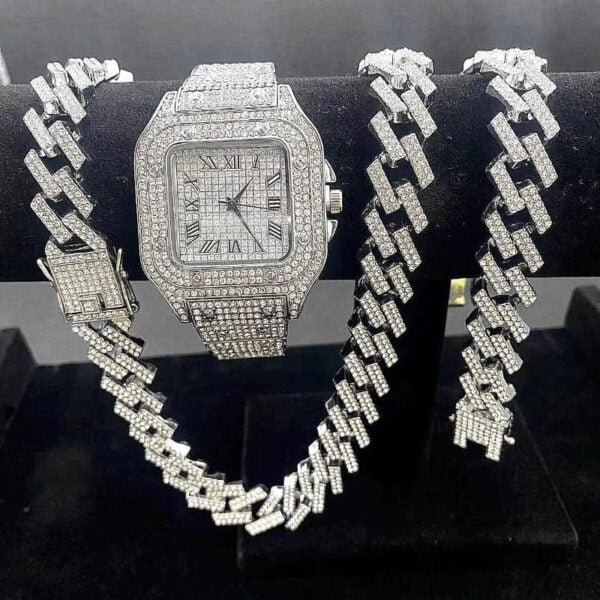 Fully Iced-Out Silver Watch & Cuban Chain Set – Ultimate Drip Edition