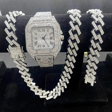Fully Iced-Out Silver Watch & Cuban Chain Set – Ultimate Drip Edition